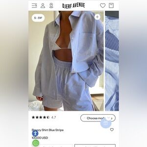 Djerf Avenue Blue Stripe Breezy Shirt and Shorts Set in S